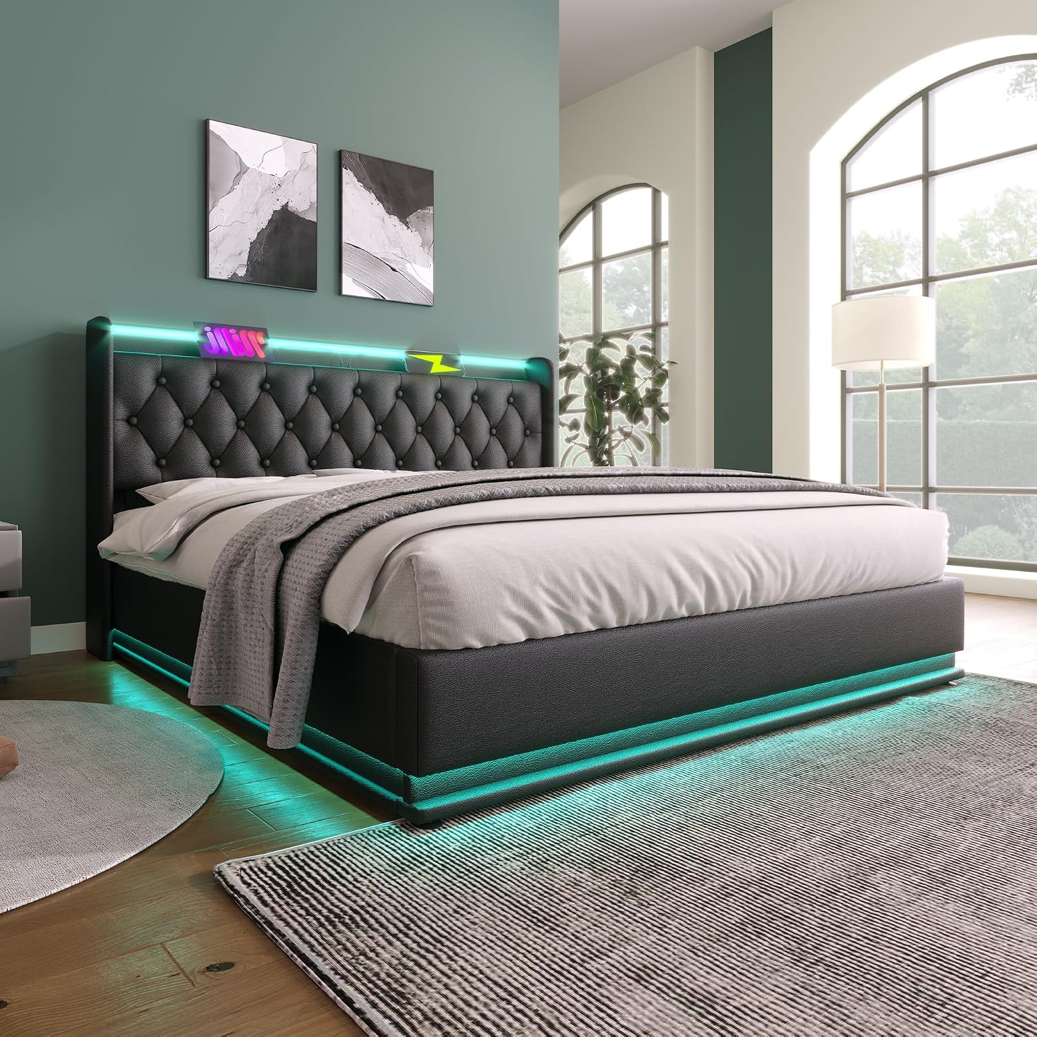 Twin Size Upholstered Bed Frame with 360° LED Lights, Hydraulic Storage, USB Charging, Modern Platform Bed with Headboard, Remote App Control for Teen, Guest Room, Small Space (Black + Full)