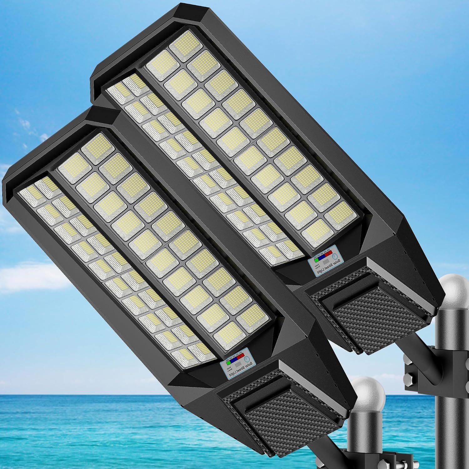 2-Pack 10000W Solar Street Light - 600000 Lumens, Dusk-to-Dawn, Waterproof, Ideal for Commercial & Outdoor Parking Lots - Energy-Efficient Solar-Powered, 3-Year Warranty