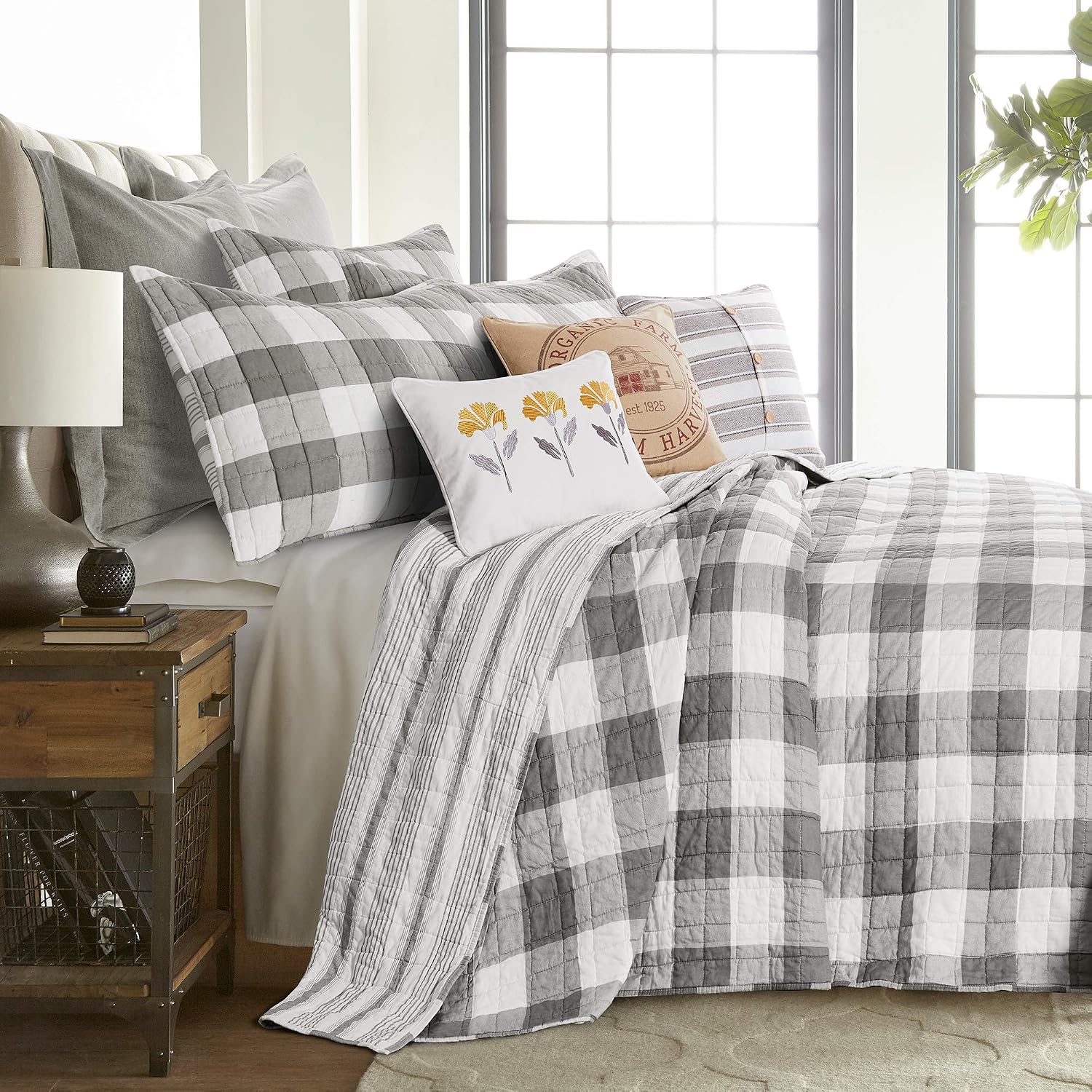 Levtex Home - Camden Bedspread Set - Full (96 x 110 in.) + Two Standard Pillow Shams (26 x20 in.) - Buffalo Check in Grey and Cream - Reversible Pattern - Cotton