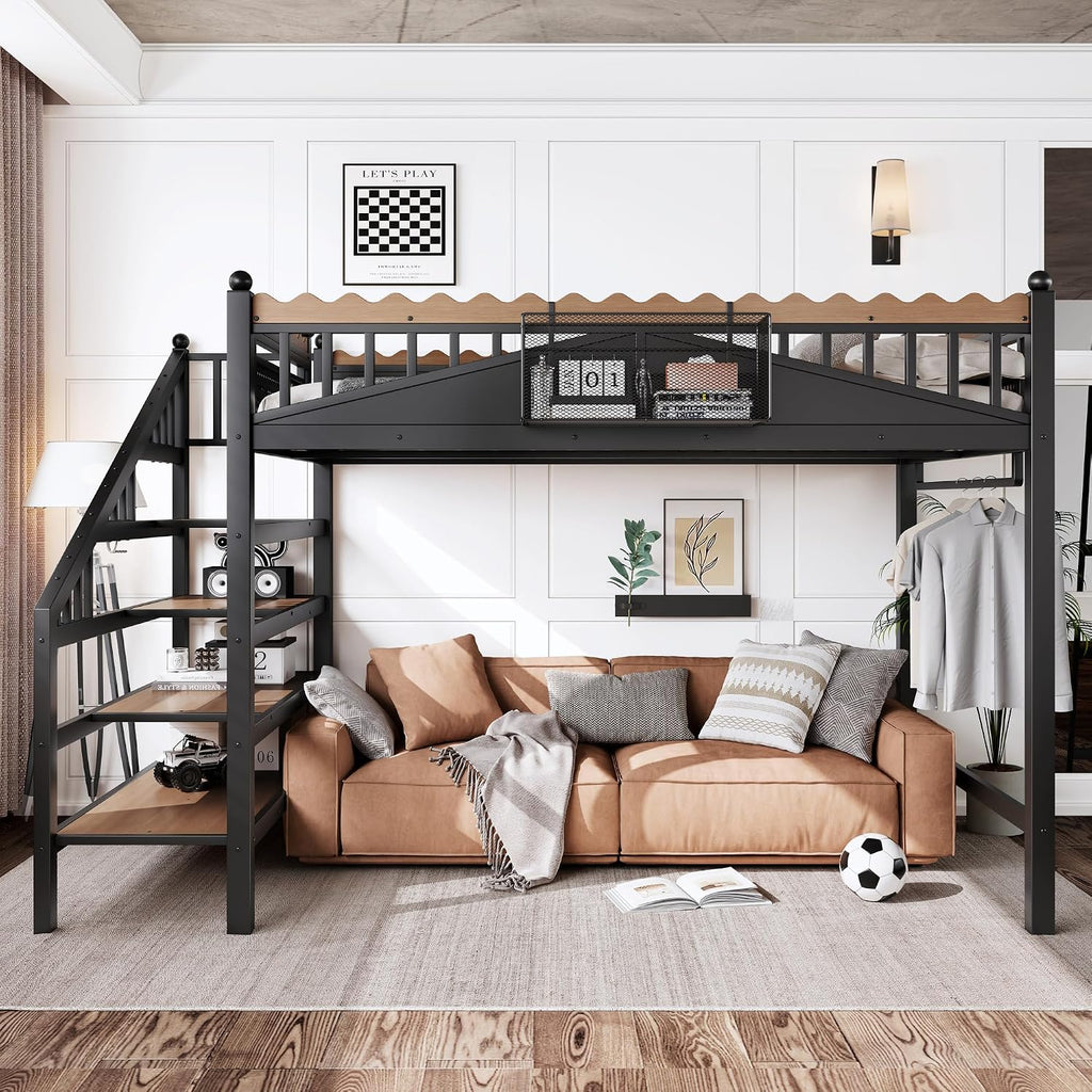 JIVOIT Full Size Metal Loft Bed Frame, Space-Saving Loft Bed with Storage Stairs, Storage Shelves and Bookshelf, Strong Support Slats, Perfect for Bedroom, Guest, Dorms