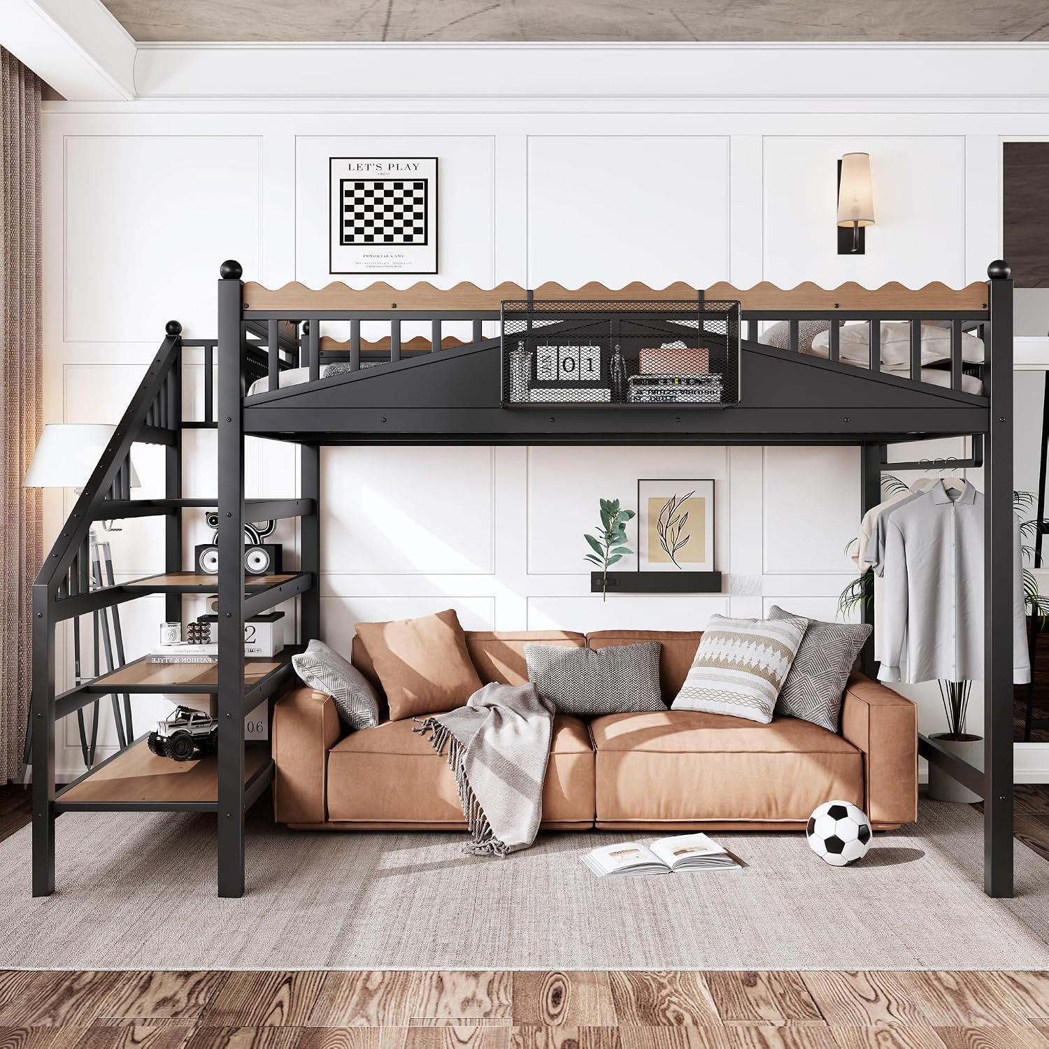 JIVOIT Full Size Metal Loft Bed Frame, Space-Saving Loft Bed with Storage Stairs, Storage Shelves and Bookshelf, Strong Support Slats, Perfect for Bedroom, Guest, Dorms