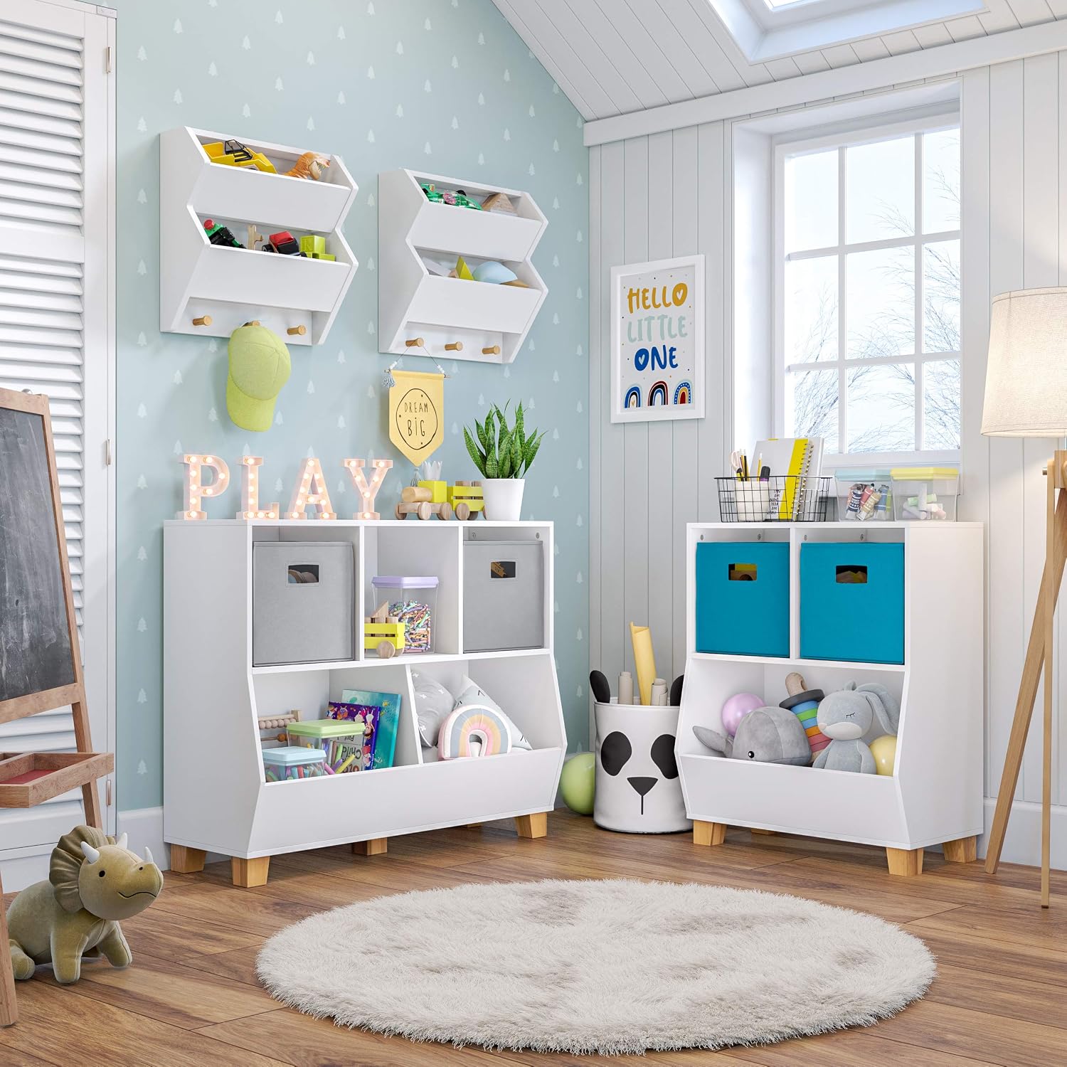 RiverRidge Catch-All Kids Toy Storage Organizer with 3 Cubbies and 2 Storage Bin Compartments - 35 Inch Wide White and 2 Blue Fabric Bins Kids Room Decor Toy Organizers and Bins