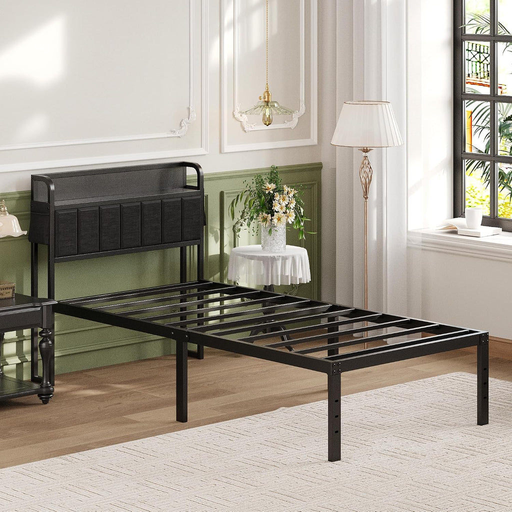 Lutown-Teen 16 Inch Twin Bed Frames with Upholstered Storage Headboard, Sturdy Single Bed Frame, No Box Spring Needed Twin Platform, Black