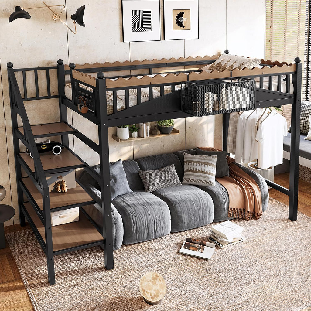 JIVOIT Twin XL Size Metal Loft Bed Frame, Space-Saving Loft Bed with Storage Stairs, Storage Shelves and Bookshelf, Strong Support Slats, Perfect for Bedroom, Guest, Dorms