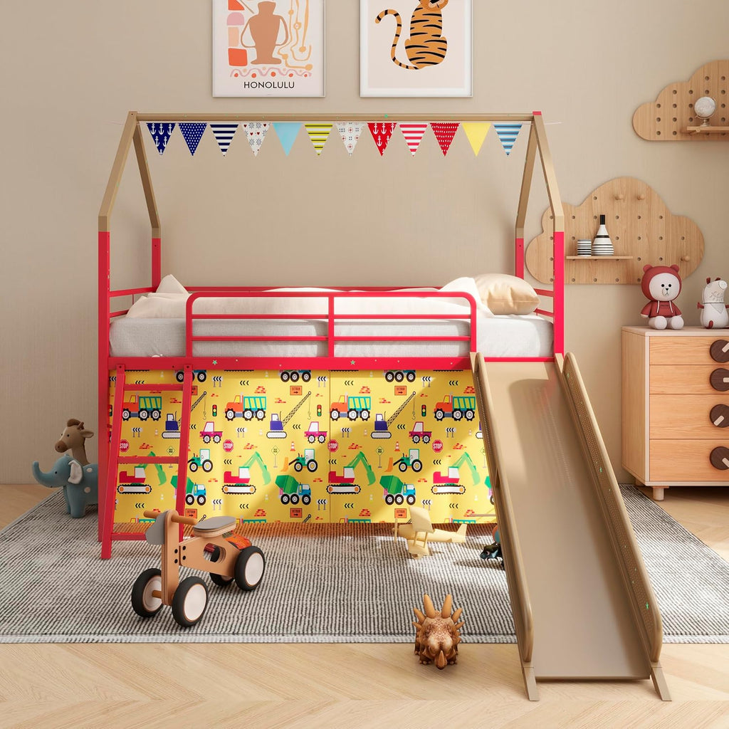 Jack Metal Junior House Twin Loft Bed with Slide and Curtain Set Gold 76.69' W x 97.83' L x 74.65' H