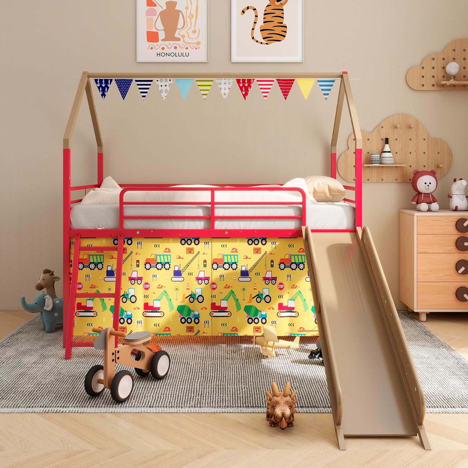 Jack Metal Junior House Twin Loft Bed with Slide and Curtain Set Gold 76.69' W x 97.83' L x 74.65' H