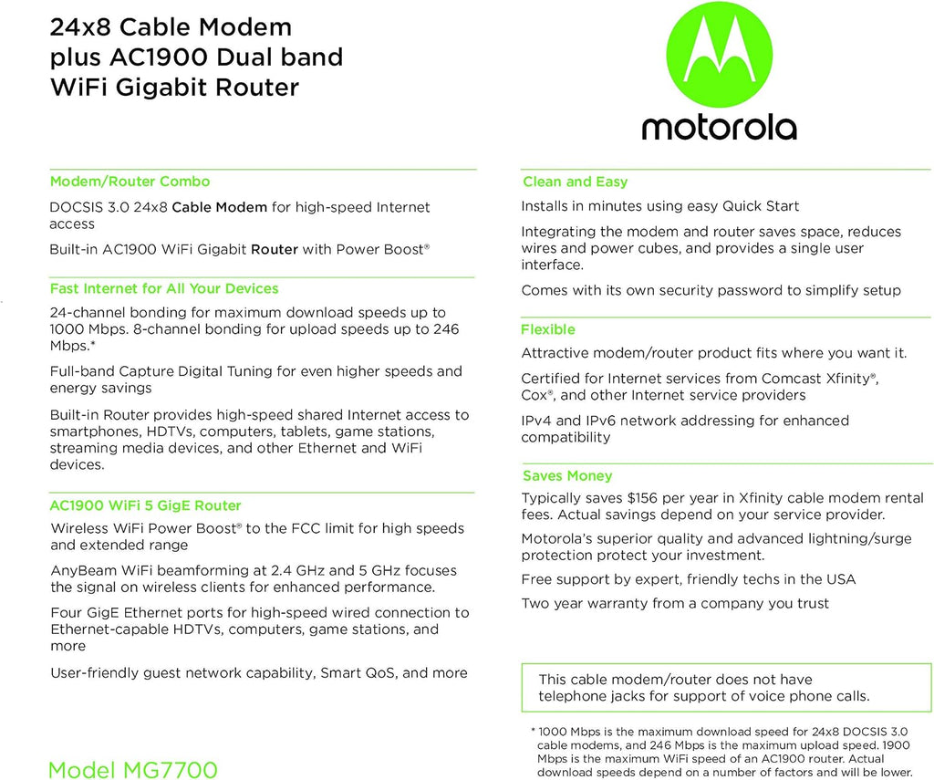 Motorola MG7700 Modem WiFi Router Combo with Power Boost | Approved by Comcast Xfinity, Cox and Spectrum | for Cable Plans Up to 800 Mbps | DOCSIS 3.0 + Gigabit Router