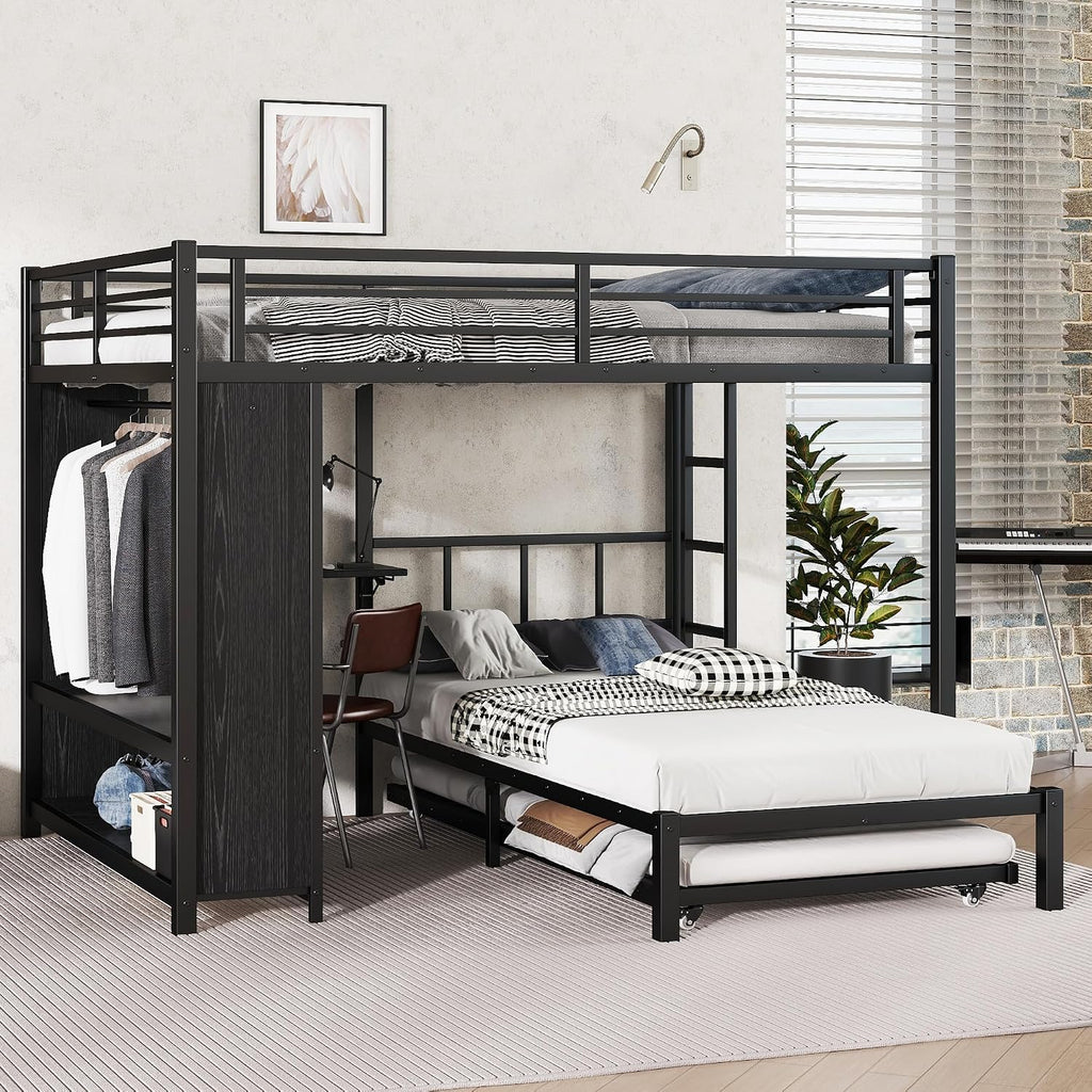 JIVOIT Metal Bunk Bed with Trundle, Queen Over Twin Bunk Bed with Foldable Desk, Built-in Wardrobe, Ladders and Safety Guard, Noise-Reduced Design, Space-Saving, No Box Spring Needed
