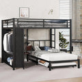 JIVOIT Metal Bunk Bed with Trundle, Queen Over Twin Bunk Bed with Foldable Desk, Built-in Wardrobe, Ladders and Safety Guard, Noise-Reduced Design, Space-Saving, No Box Spring Needed