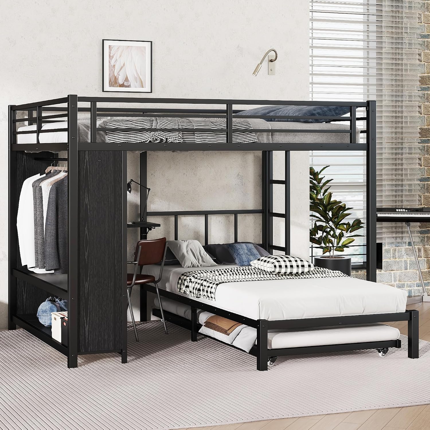 JIVOIT Metal Bunk Bed with Trundle, Queen Over Twin Bunk Bed with Foldable Desk, Built-in Wardrobe, Ladders and Safety Guard, Noise-Reduced Design, Space-Saving, No Box Spring Needed