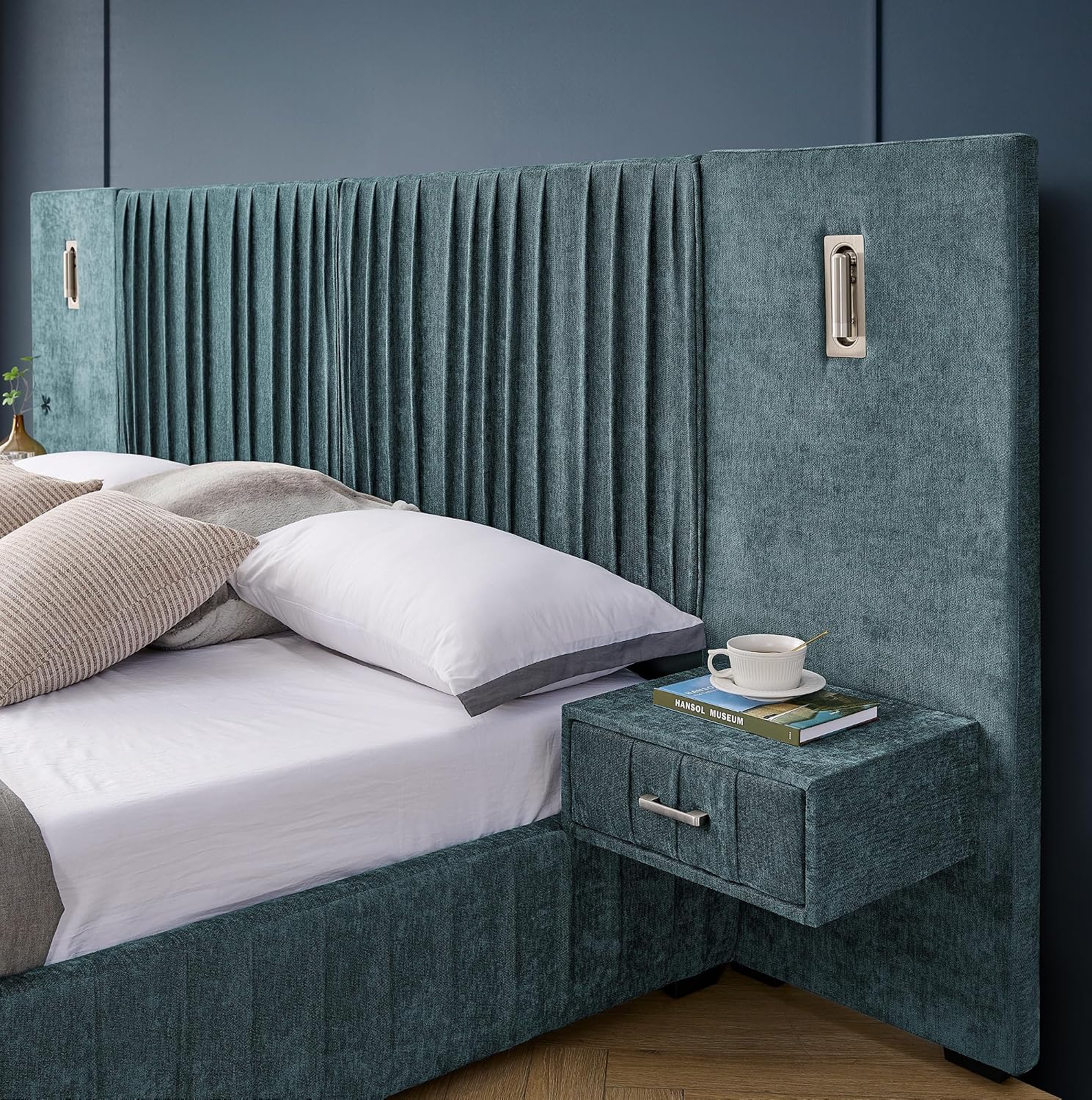 Merax Chenille Upholstered King Size Bed Frame with Wide Headboard and 2 Nightstands, Low Platform Bed Frame with Small Reading Lamp and Pleating Design for Adults, No Box Spring Needed, Blue Green