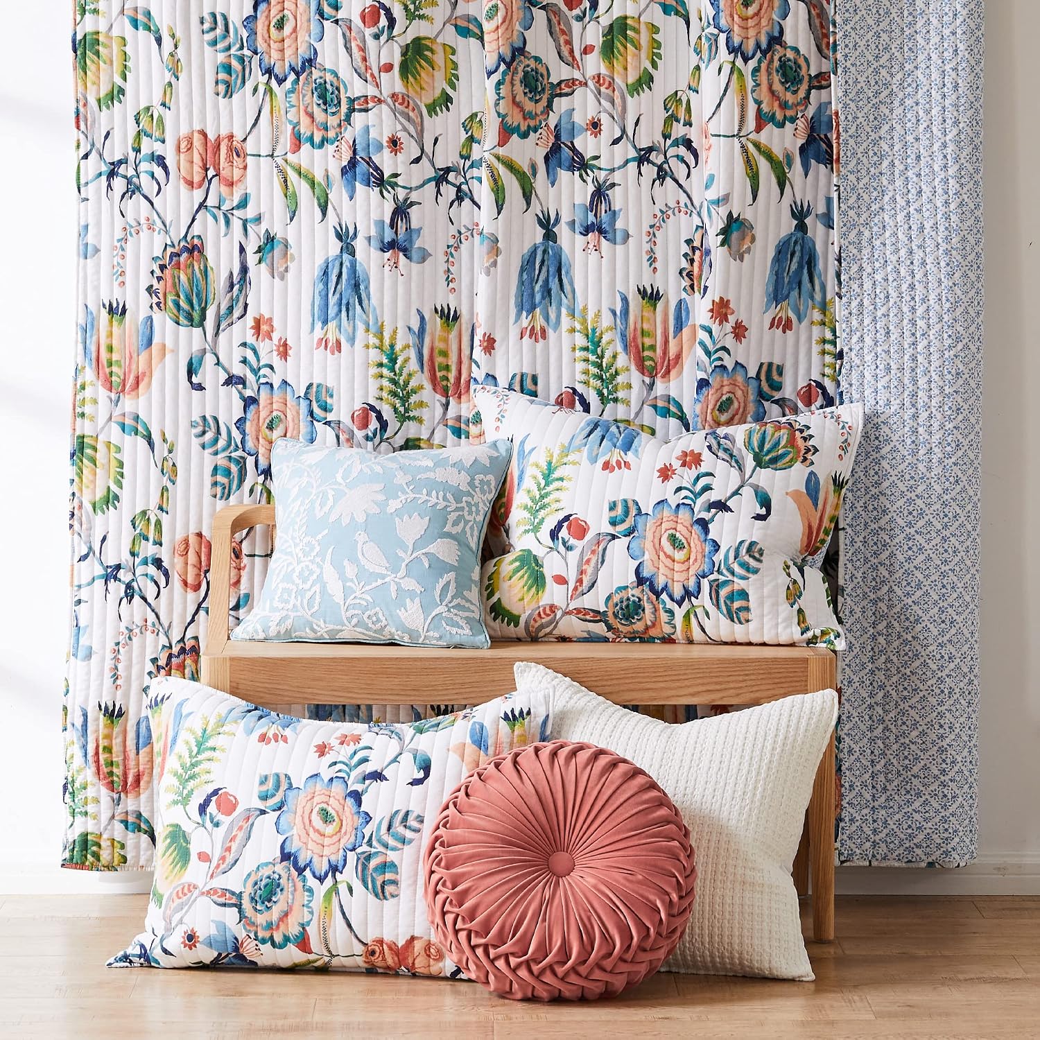 Levtex Home - Eleni Quilt Set - King Quilt and Two King Shams - Floral - Blue, Navy, Coral, Green, White - Quilt (106x92in.) and Shams (20x36in.) - Reversible - Cotton