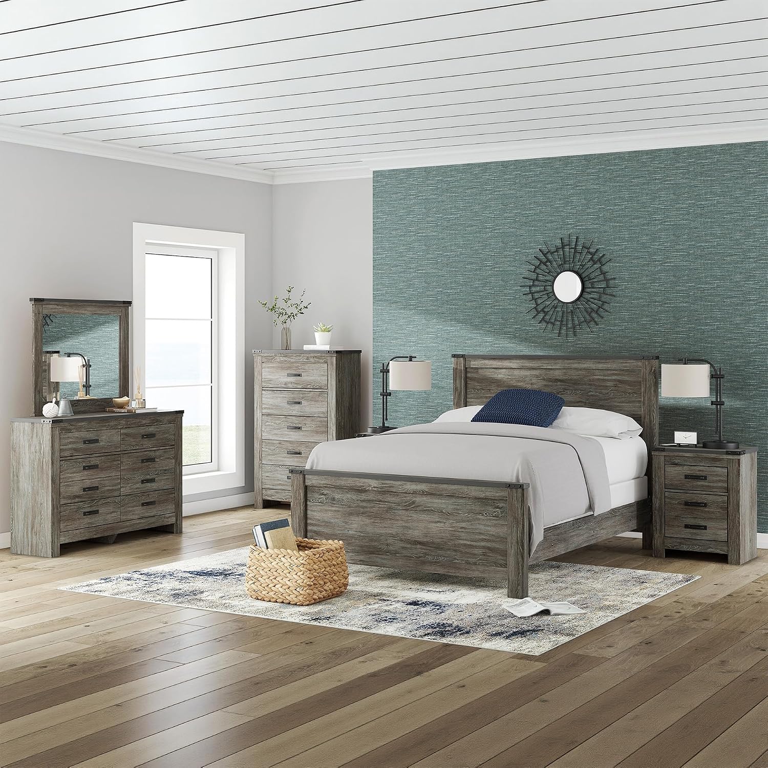 Signature Design by Ashley Frandern Rustic Bookcase Panel Bed with Nailhead Accents, Foundation or Box Spring Needed, Full, Gray