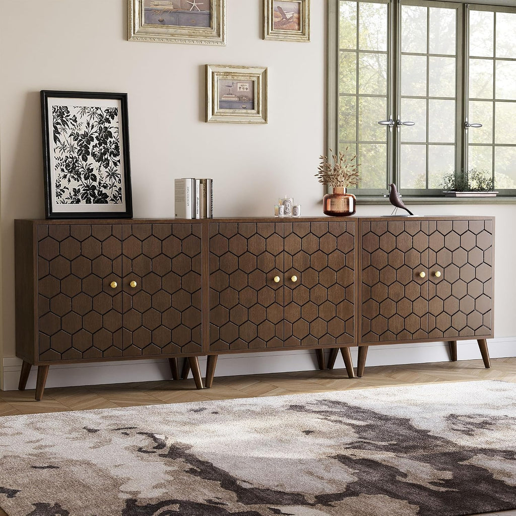 COSIEST Set of 3 32' Storage Sideboards with Doors, Accent Cabinets with Magnetic Push-to-Open Doors, Brown Honeycomb Pattern, Entryway Console for Living Room, Kitchen, Hallway