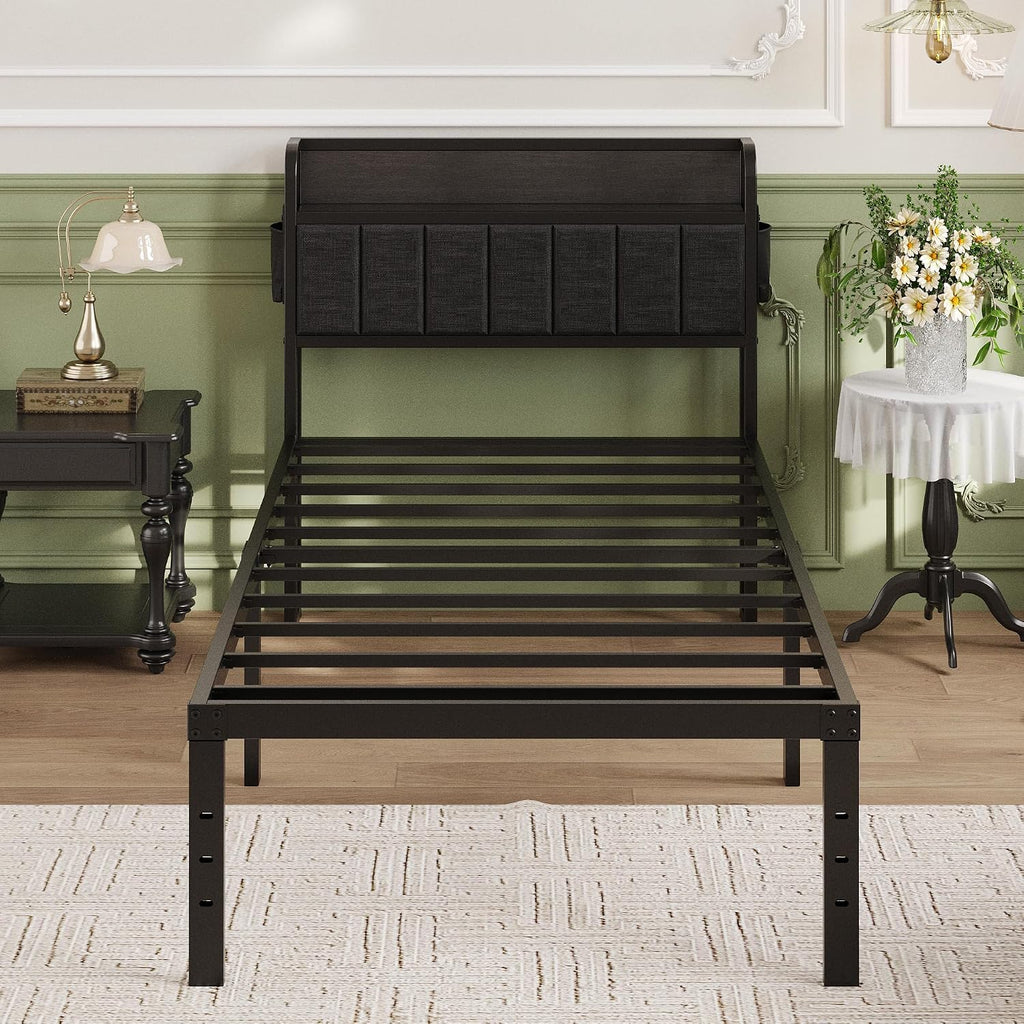 Lutown-Teen 16 Inch Twin Bed Frames with Upholstered Storage Headboard, Sturdy Single Bed Frame, No Box Spring Needed Twin Platform, Black