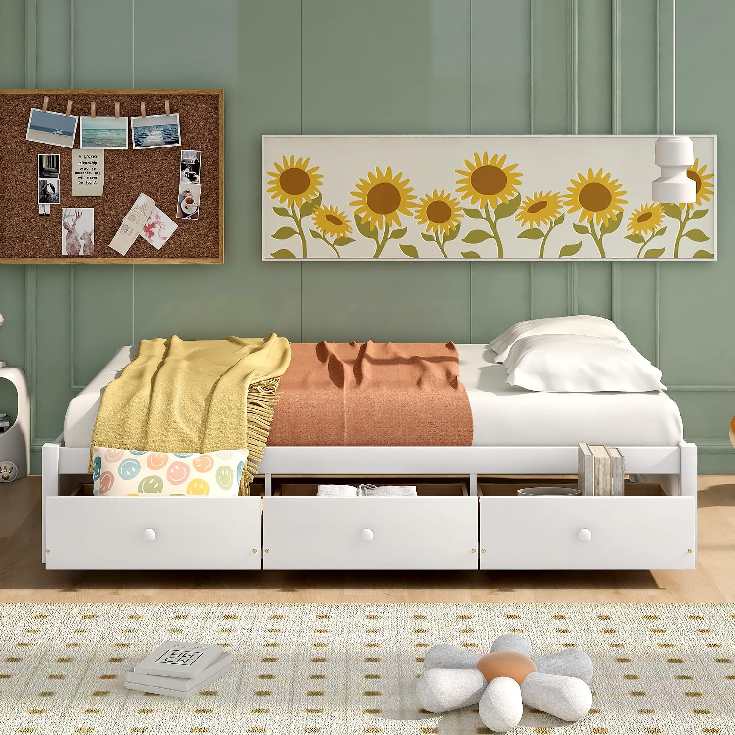 Bellemave Twin Platform Bed Frame with 3 Storage Drawers, Wood Twin Size Bed with Support Slats, Twin Bed Frame for Kids,Teens,Adults No Box Spring Needed (White)