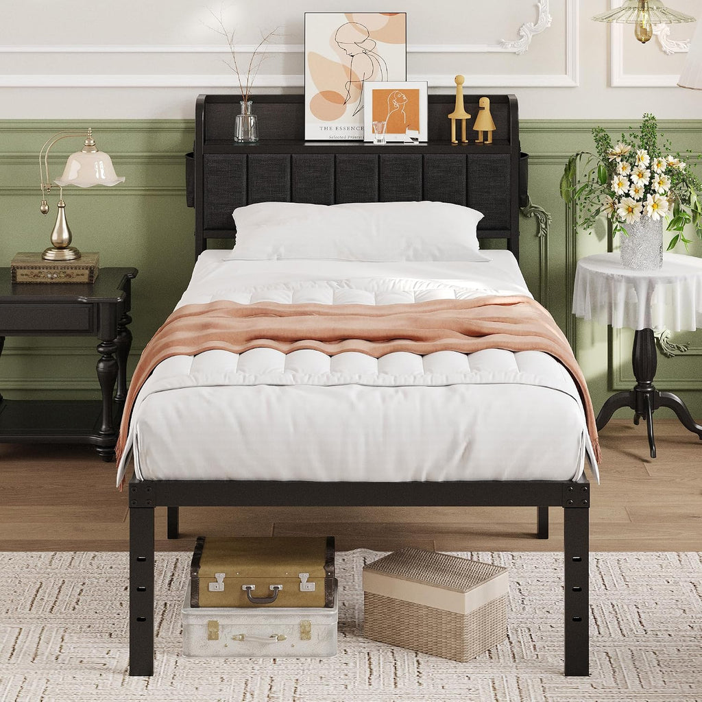Lutown-Teen 16 Inch Twin Bed Frames with Upholstered Storage Headboard, Sturdy Single Bed Frame, No Box Spring Needed Twin Platform, Black