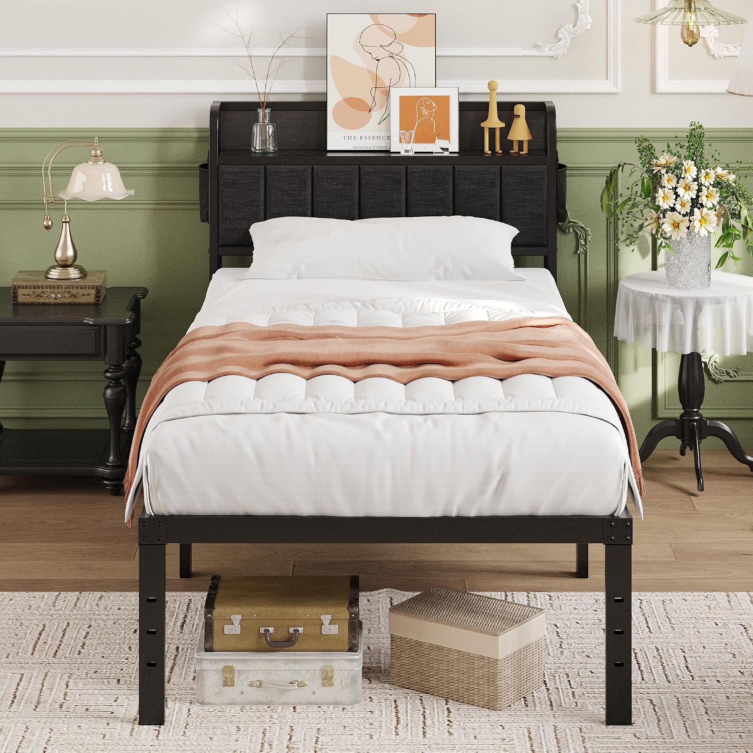 Lutown-Teen 16 Inch Twin Bed Frames with Upholstered Storage Headboard, Sturdy Single Bed Frame, No Box Spring Needed Twin Platform, Black