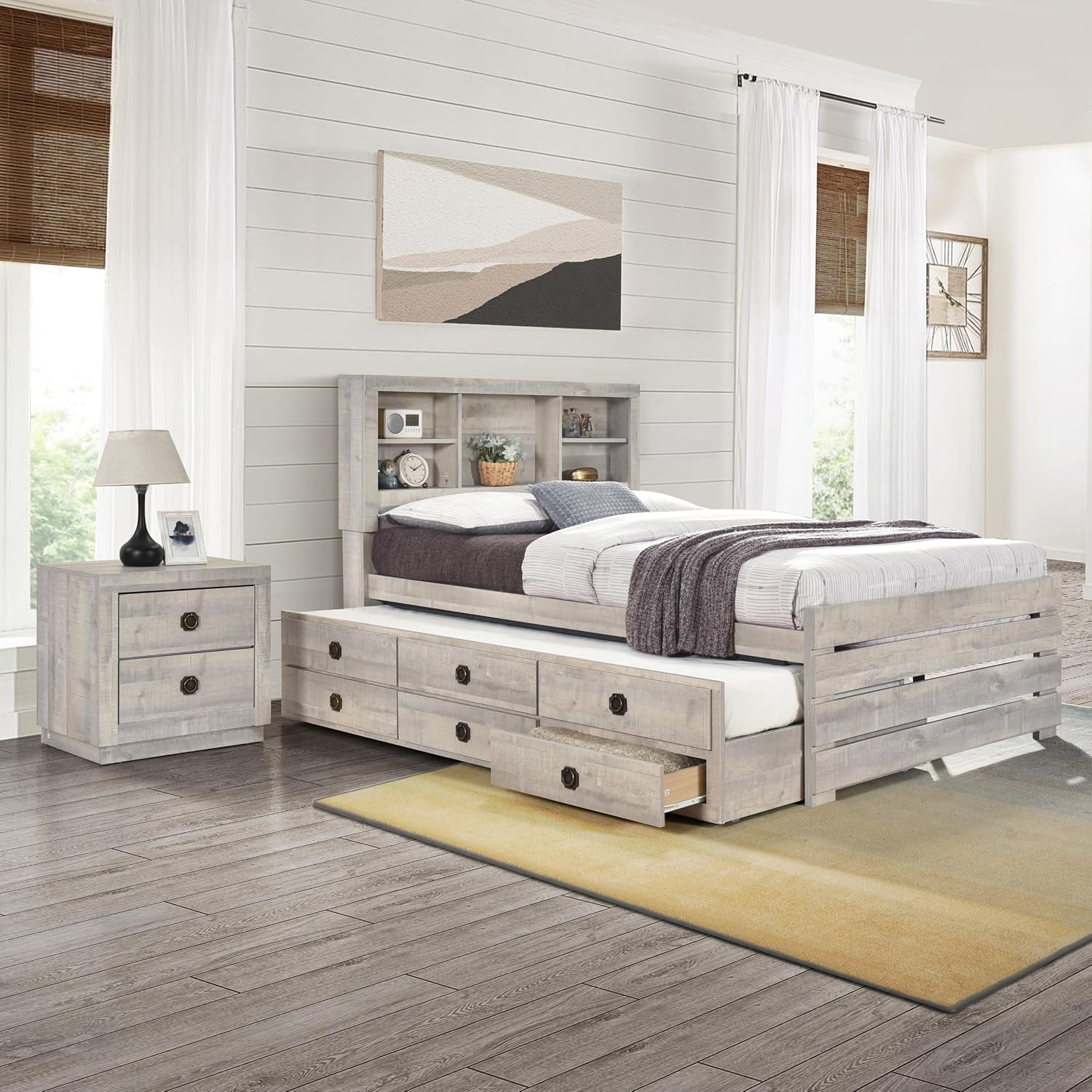 GOWE 2 Pieces Bedroom Sets Farmhouse Style Twin Size Bookcase Captain Bed and Nightstand, Rustic White