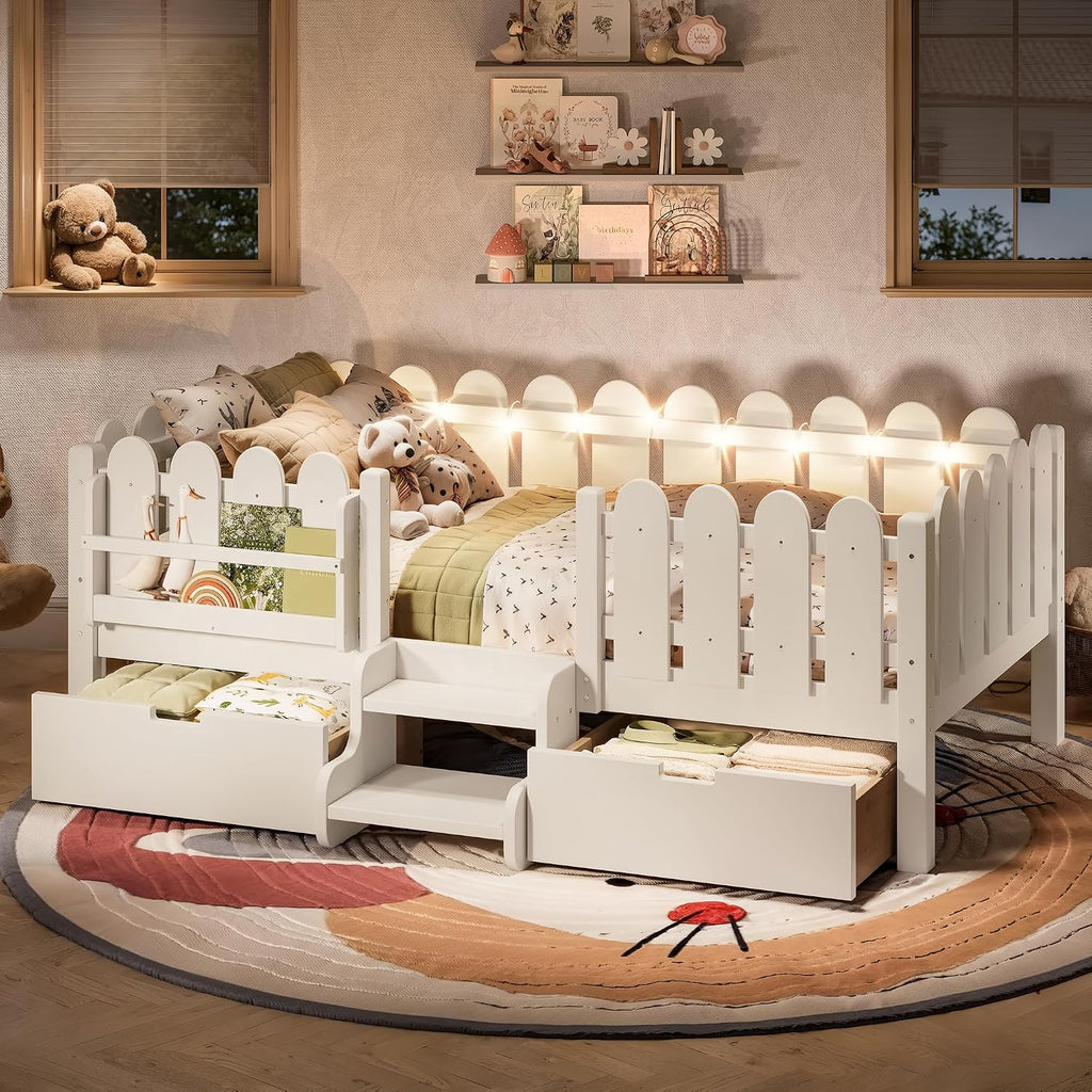 Bellemave Twin Kids Montessori Bed with Stairs, Bookshelf and LED Lights, Solid Wood Kids Bed Frame with Storage Drawers for Boys Girls, Low Profile,Beige