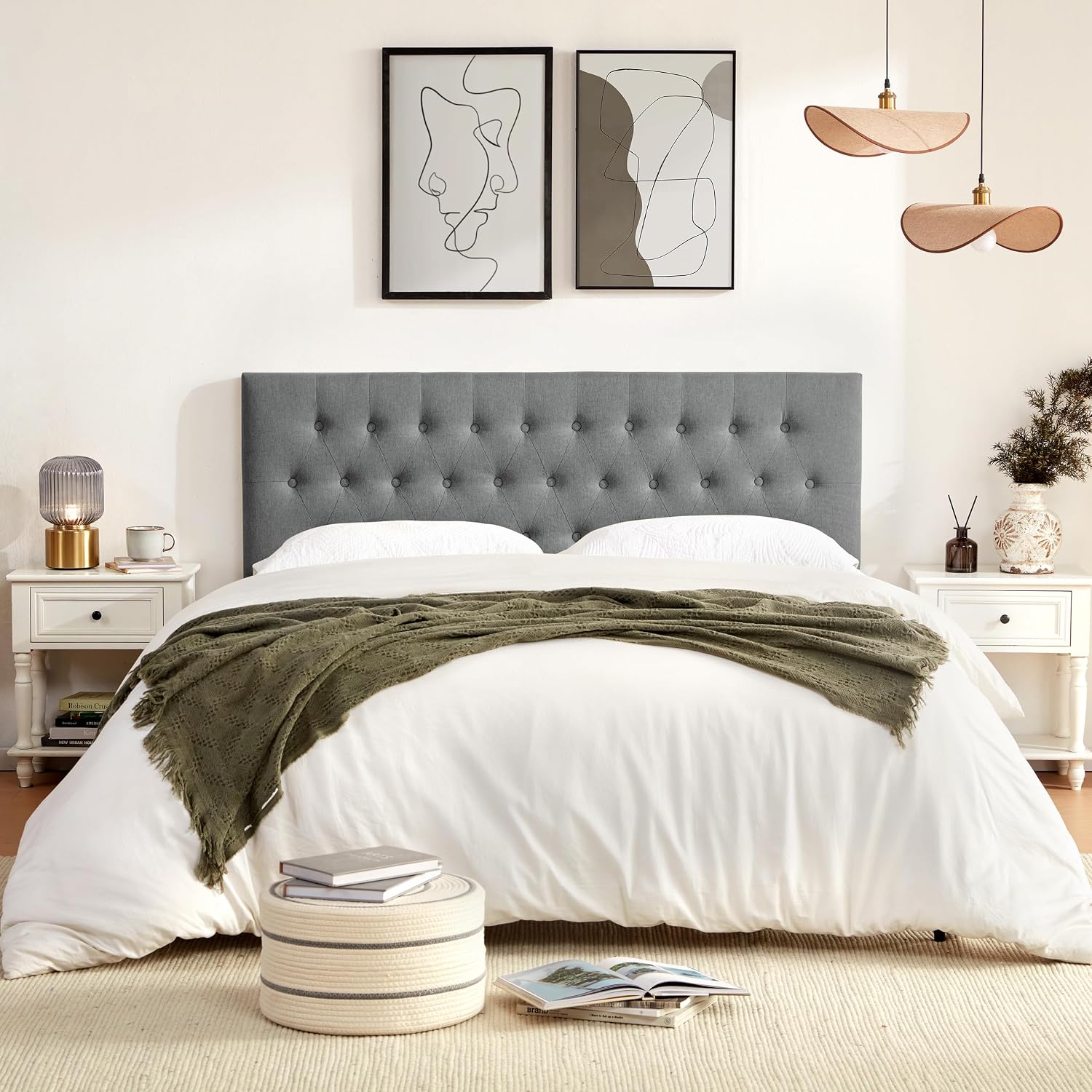 Huatean Home Tufted Upholstered Headboard California King Size, Solid Wood Head Board with Durable Metal Legs, Adjustable Height Bed headboard from 37' to 51' Fabric Headboard in Button Design, Grey
