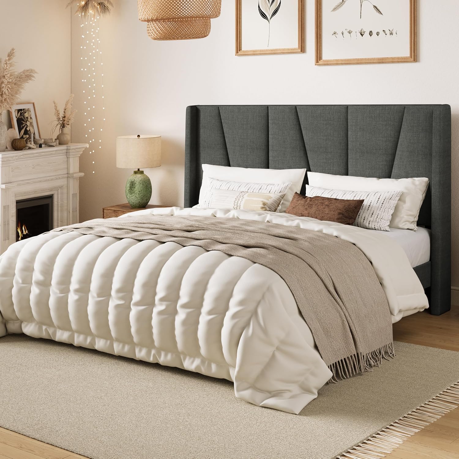 SHA CERLIN Queen Size Bed Frame with Geometric Wingback Headboard, Upholstered Platform Bed with Wooden Slats Support, 8' Under-Bed Space, No Box Spring Needed, Easy Assembly, Grey