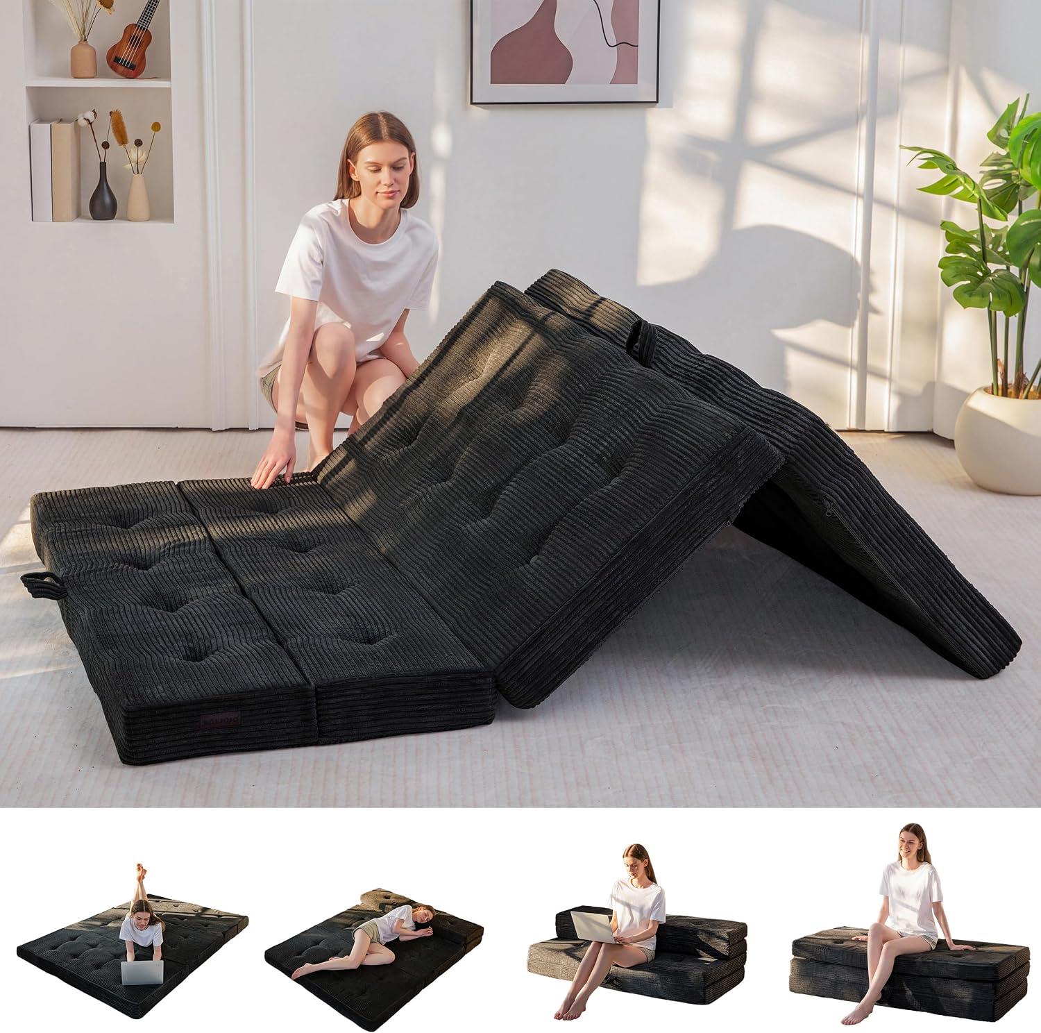 MAXYOYO Foldable Sofa Couch Bed, 4 Inch Tufted Folding Mattress, Portable Floor Couch with Handles Guest Bed Topper Portable Camping Mat with Corded Fabric, Full Size, Black