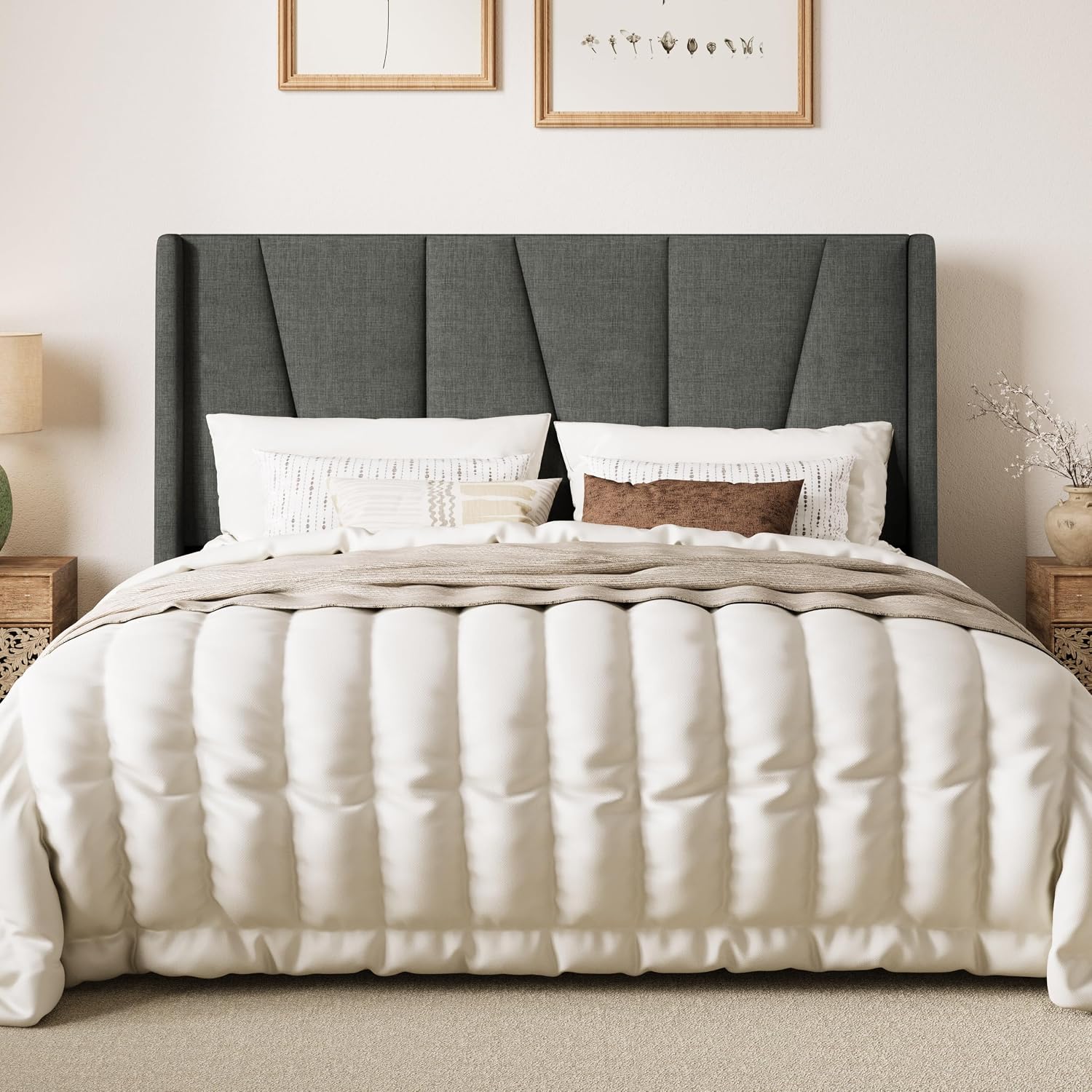 SHA CERLIN Queen Size Bed Frame with Geometric Wingback Headboard, Upholstered Platform Bed with Wooden Slats Support, 8' Under-Bed Space, No Box Spring Needed, Easy Assembly, Grey