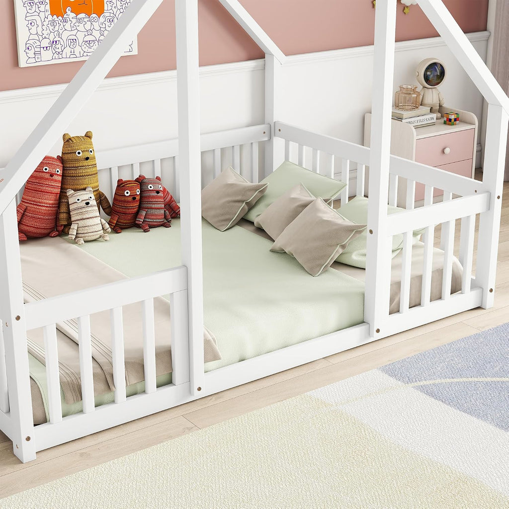 JIVOIT House Bed Full Size Floor Bed, Full Wood House-Shaped Floor Bed with Fence and Guardrails, Wood House Roof Frame, Montessori Floor Bed Frame (White-Full,129)