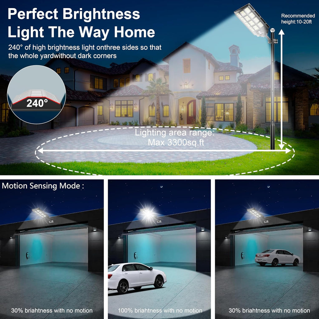 Solar Street Light, 8000W 7000K 480000LM 1152pcs LED Solar Parking Lot Lights Dusk to Dawn, Solar Flood Light Wide Angle Motion Sensor and Remote Control for Area Lighting Yard 2-Pack