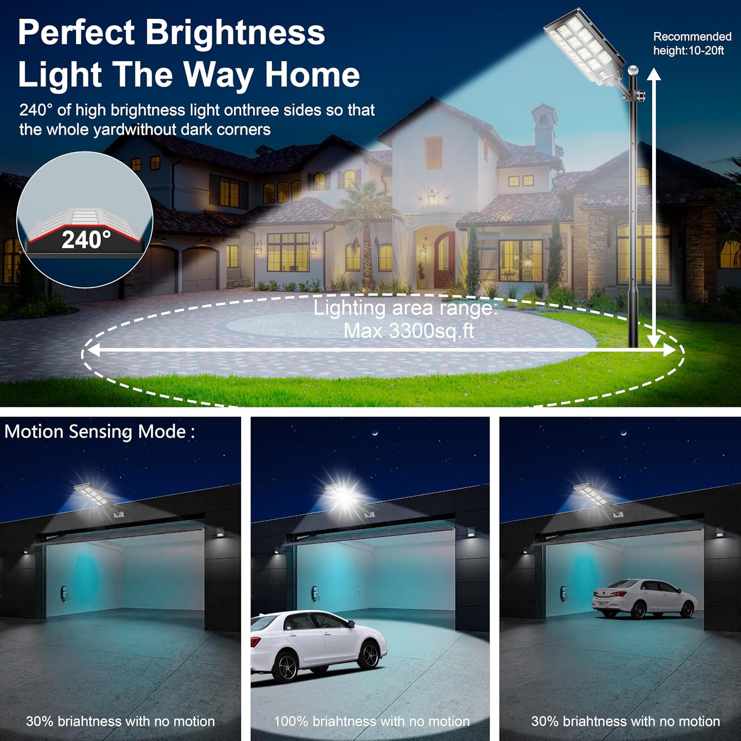 Solar Street Light, 8000W 7000K 480000LM 1152pcs LED Solar Parking Lot Lights Dusk to Dawn, Solar Flood Light Wide Angle Motion Sensor and Remote Control for Area Lighting Yard 2-Pack