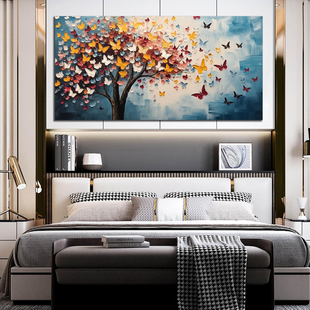 Butterfly Tree Canvas Wall Art for Living Room Bedroom Home Office Blue Colorful Tree of Life Wall Art Modern Large Framed Canvas Prints Size 29x59