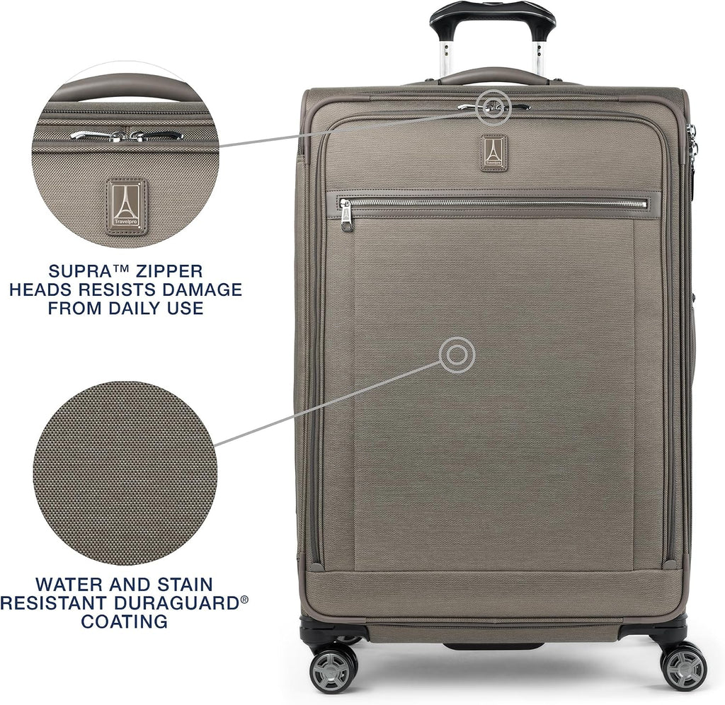 Travelpro Platinum Elite Softside Expandable Checked Luggage, 8 Wheel Spinner Large Suitcase, TSA Lock, Men and Women, Metallic Sand, Checked Large 29-Inch