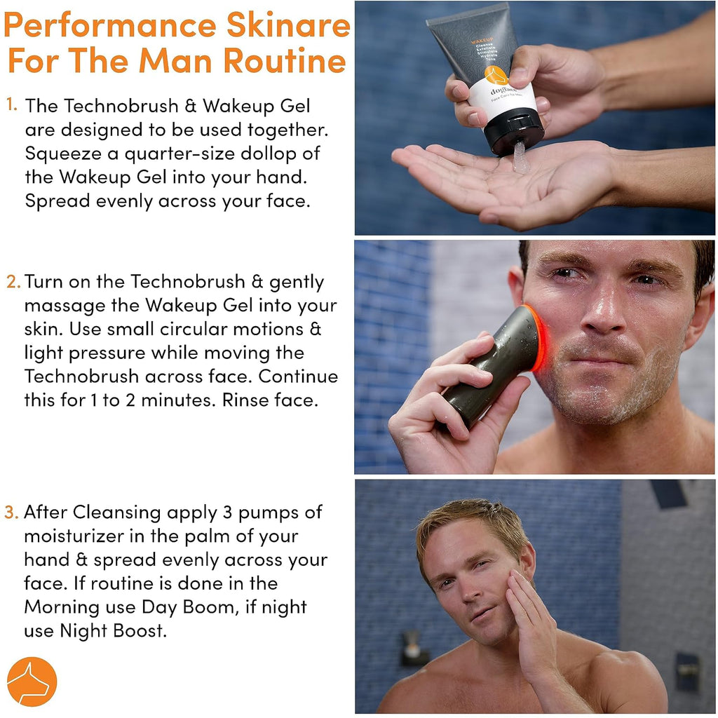 Dogface Deluxe Kit – Men's Red Light Facial Brush with Silicone Bristles, Hyaluronic Acid, Retinol Night Serum, Technobrush, Wakeup Gel, Day Boom, Night Boost - Free Shower Caddy