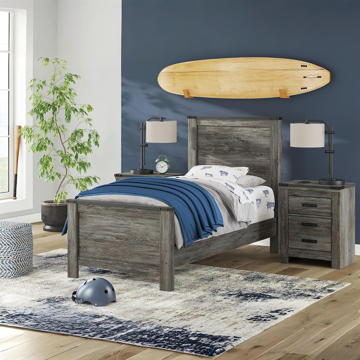 Signature Design by Ashley Frandern Industrial Panel Bed with Nailhead Accents, Foundation or Box Spring Needed, Twin, Gray