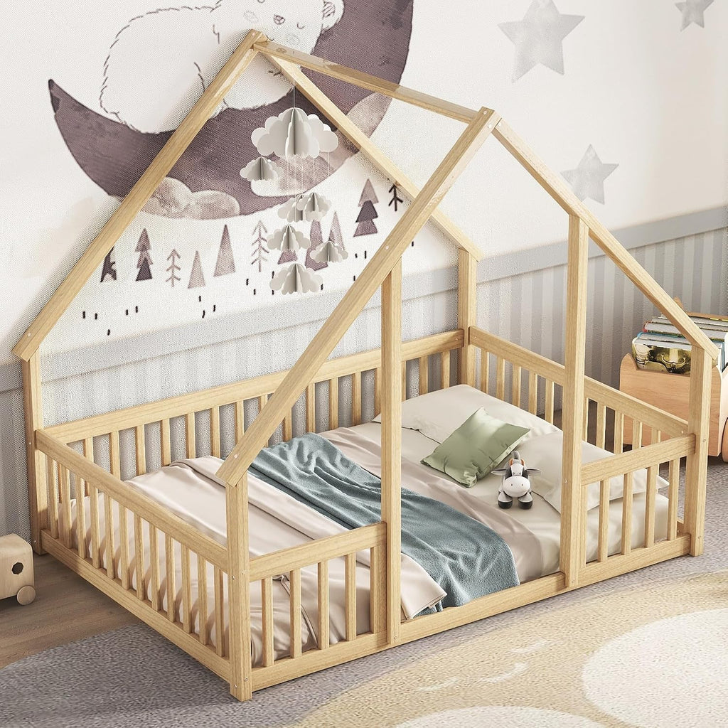 JIVOIT Full Wood House-Shaped Floor Bed with Fence and Guardrails, Wood House Roof Frame, Montessori Floor Bed Frame (Natural-Full,129)