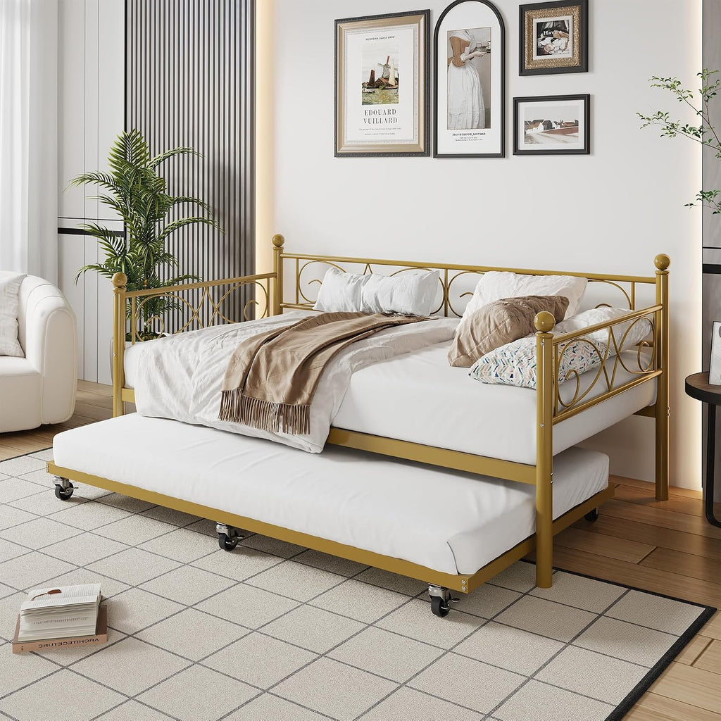 TrailBlaze Modern Space-Saving Twin Metal Daybed with Pull-Out Trundle - Heavy Duty Steel Slats, Floral Headboard, No Box Spring Needed, Sofa Bed for Living Room or Guest Room - Set Gold, Twin Size
