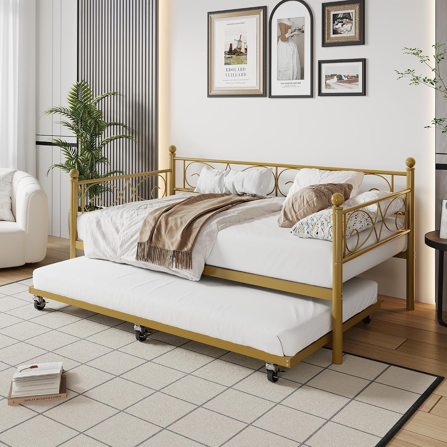 TrailBlaze Modern Space-Saving Twin Metal Daybed with Pull-Out Trundle - Heavy Duty Steel Slats, Floral Headboard, No Box Spring Needed, Sofa Bed for Living Room or Guest Room - Set Gold, Twin Size