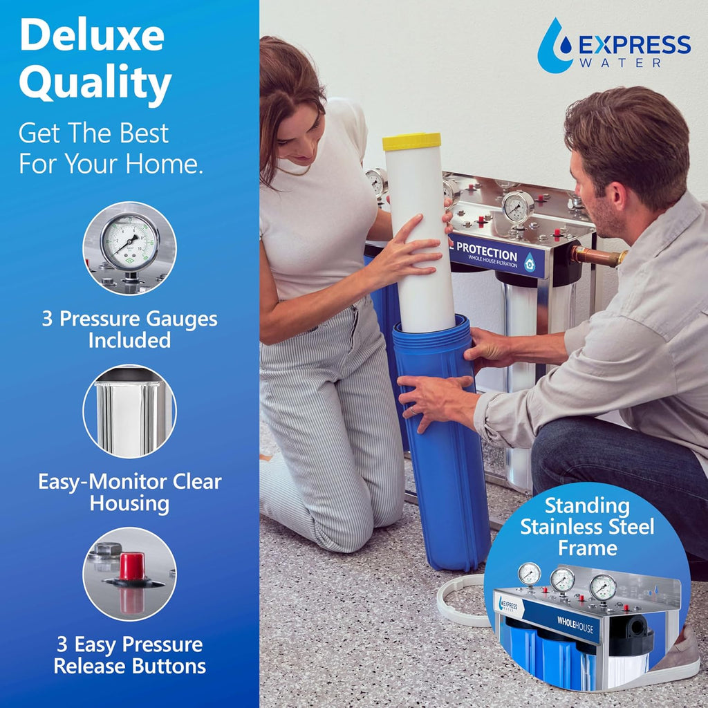 Express Water 3-Stage Whole House Water Filter System, Reduces Heavy Metals, Scale, Chloramine, Chlorine, PFAs, Lead & Arsenic, Free-standing Stainless Steel Frame & 3 Pressure Gauges
