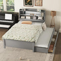 Merax Full Size Bed Frame with Flip-Up Storage Headboard, Gray Full Bed with 3 Drawers and Trundle, Wooden Bed Frame Full a Set of Sockets & USB Ports, No Box Spring Needed