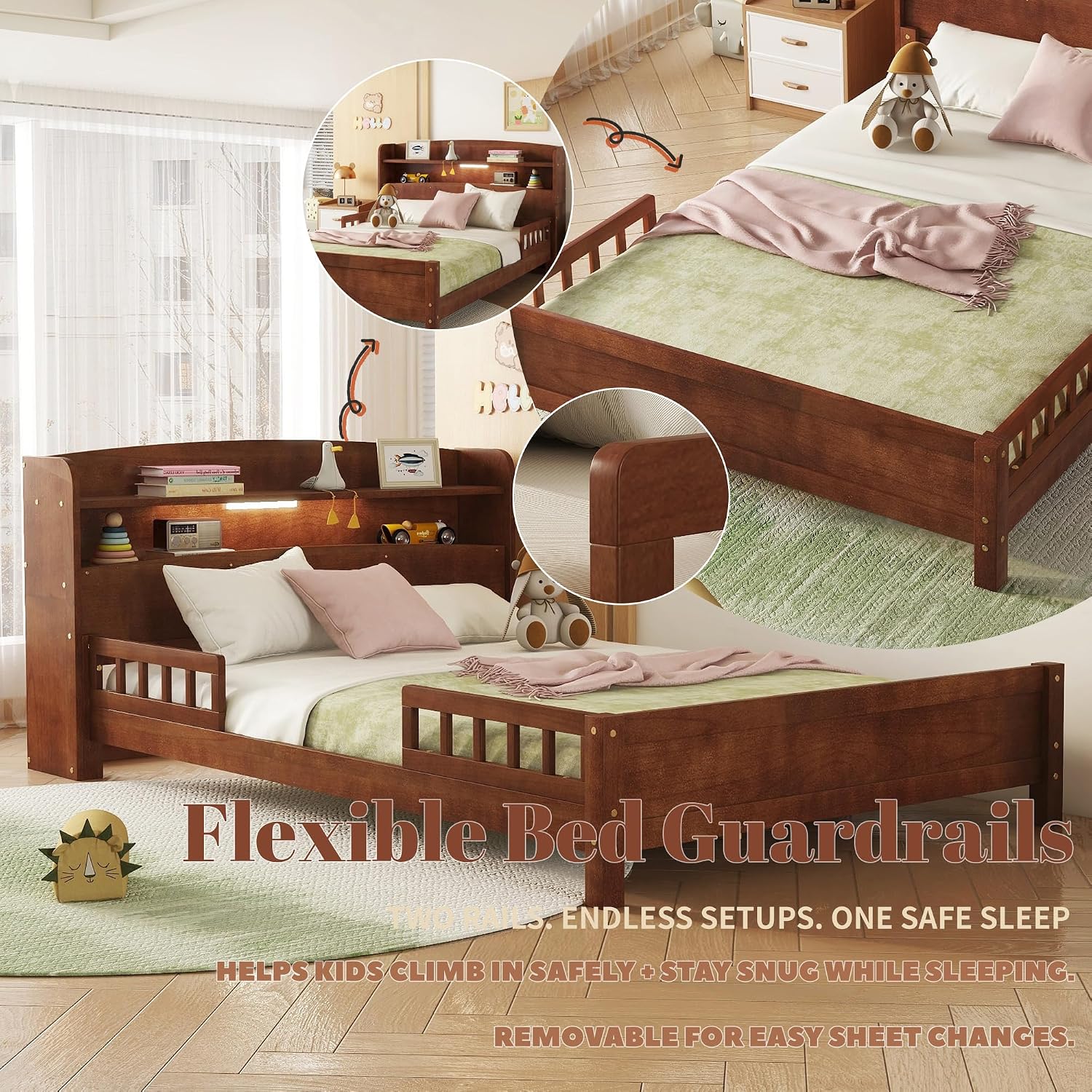 Full Size Bed Frame Kids with LED Motion Sensor Light & Guardrails, Full Size Kids Bed with Storage Bookcase, No Box Spring Needed, Easy Assembly, Walnut