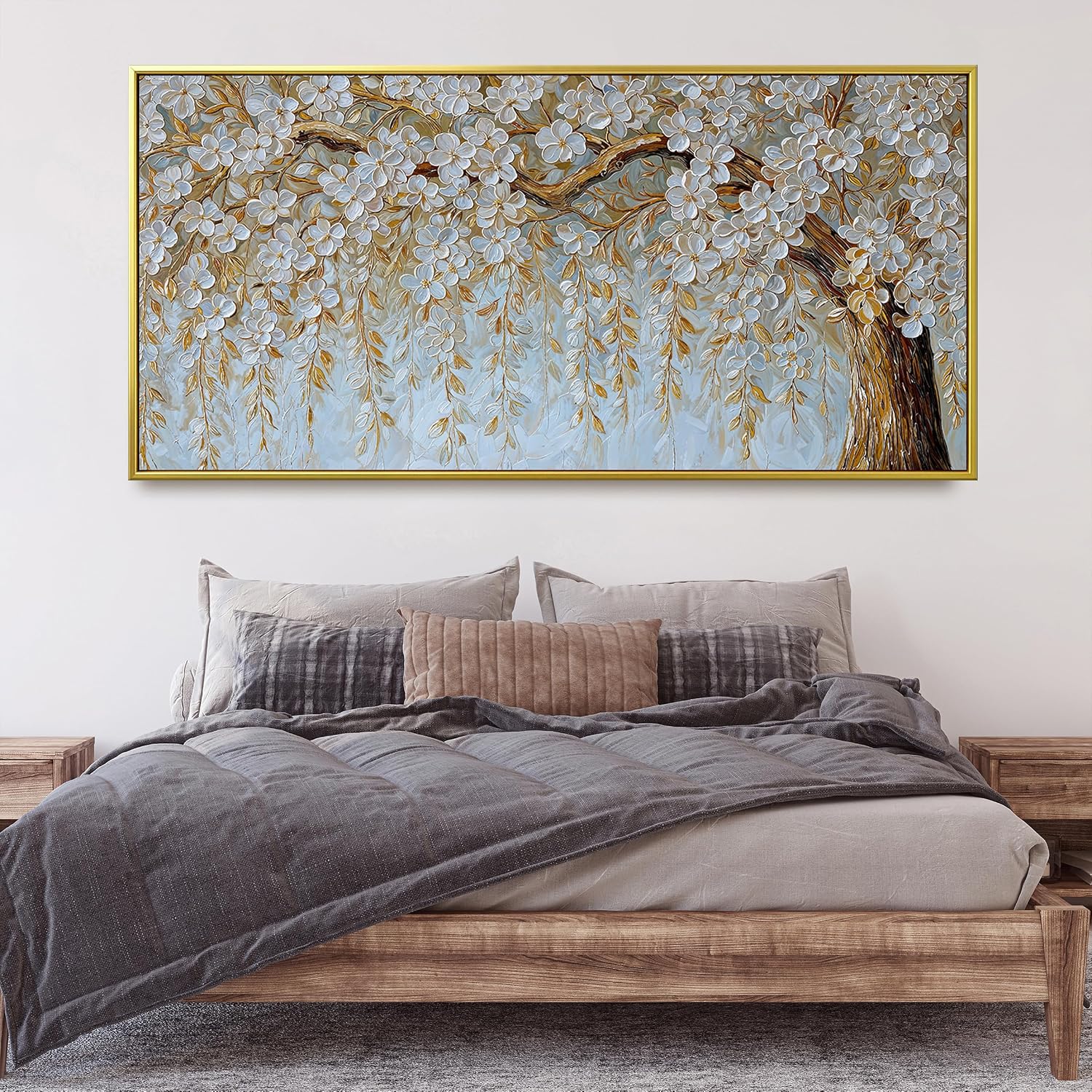Suconvng Large Gold Framed Wall Art For Living Room Home Wall Decor Modern Canvas Art Wall Decor 29 X 58 Inches Elegant Flower White Wall Art Picture For Bedroom Office Artwork