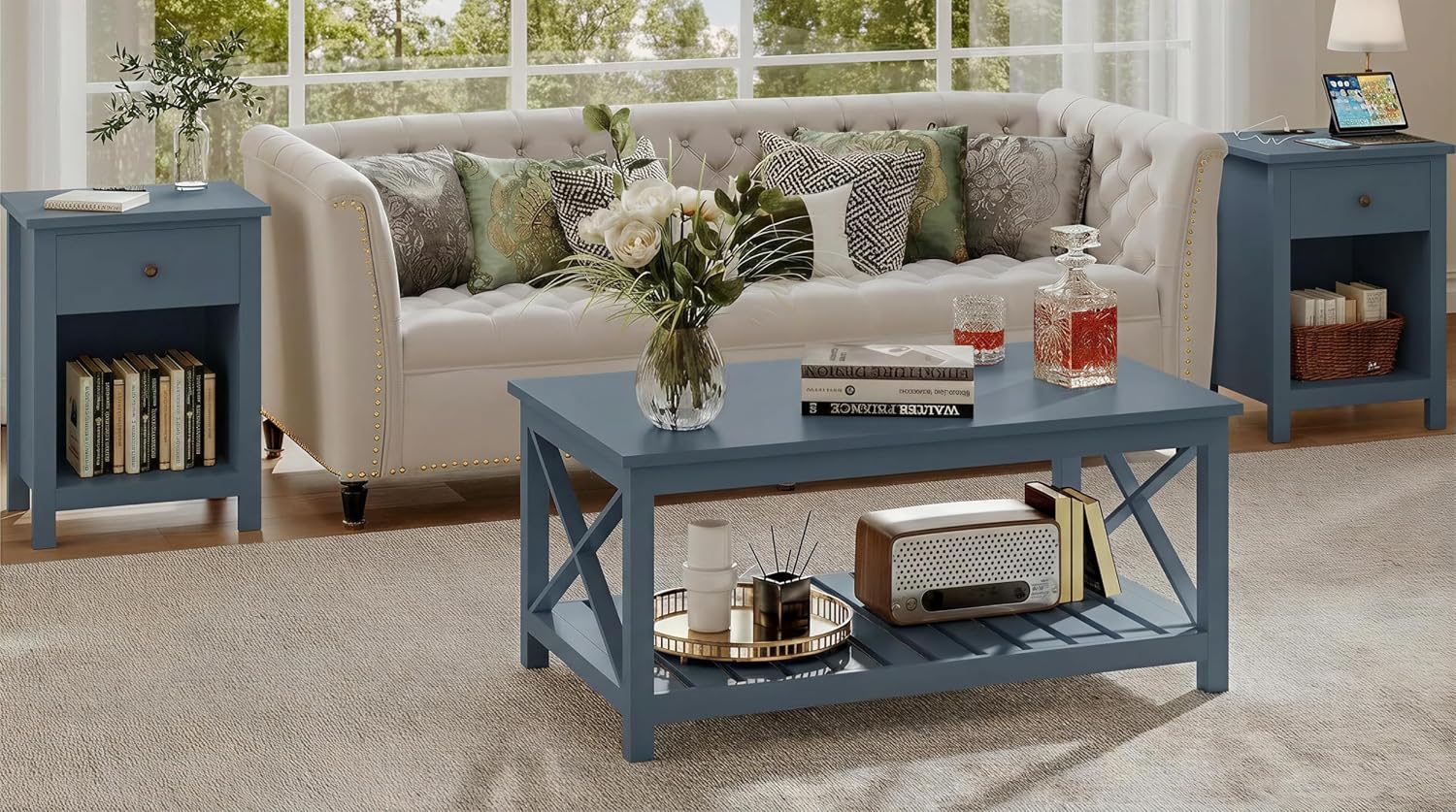 ChooChoo Farmhouse Nightstand Set of 2,Night Stand with Charging Station, Wooden Top Bedside End Table with Drawer and Storage Space for Bedroom, Blue
