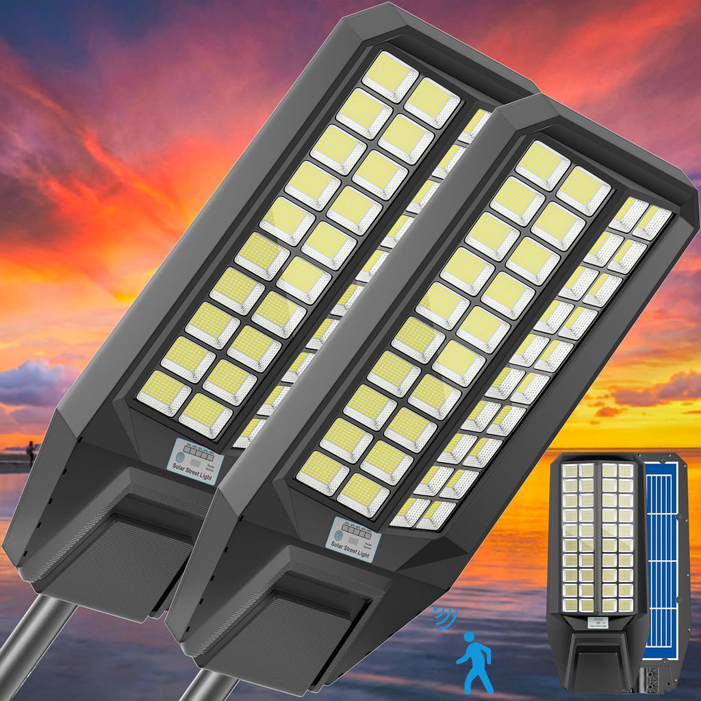 Solar Street Light 7000K 800000LM Auto On/Off Dusk to Dawn IP67 Waterproof Motion Sensor for Security & Outdoor Lighting (9000W-2Pack)