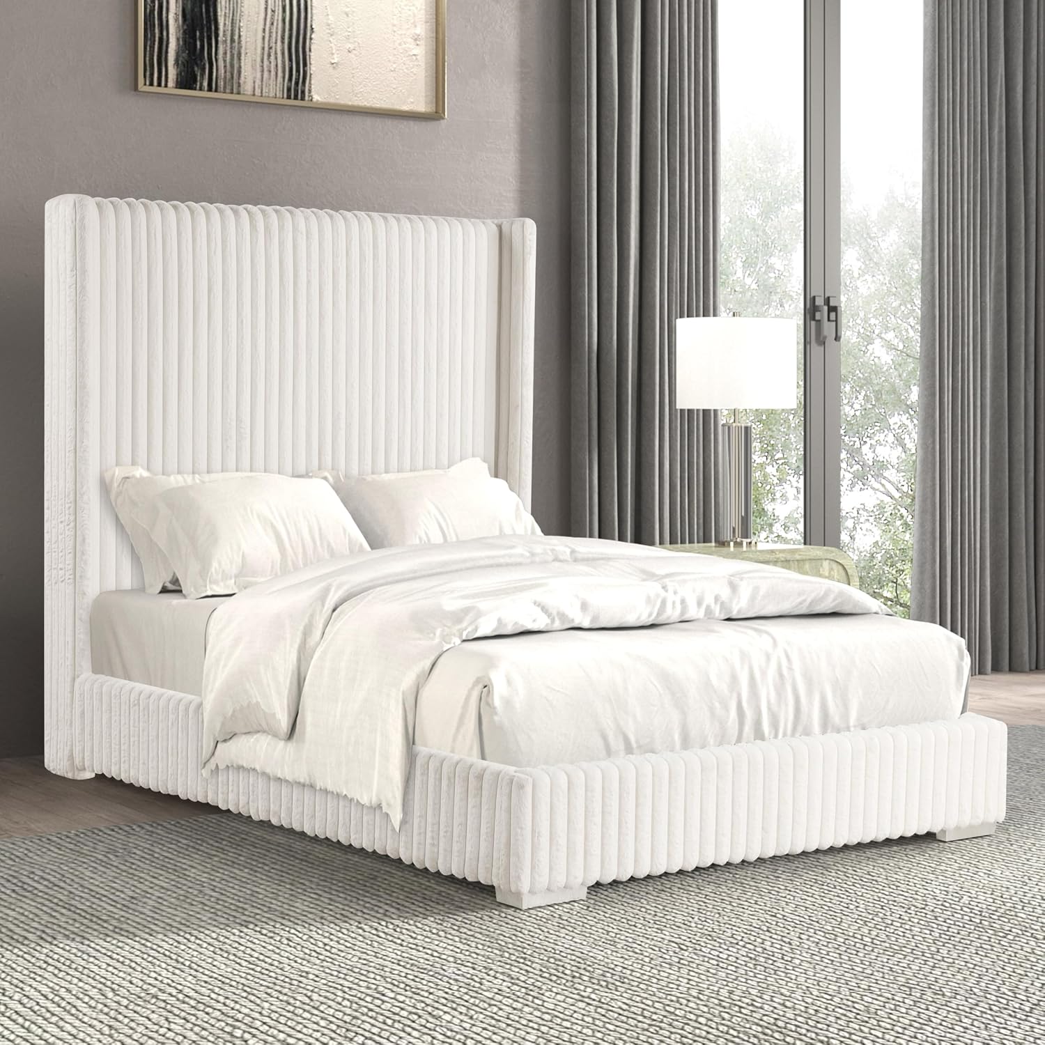Furniture of America Plutforn Modern Wood 59-inch Full Platform Bed with Fur Chenille Fabric, No Box Spring Required for Bedroom, Guest Room, White