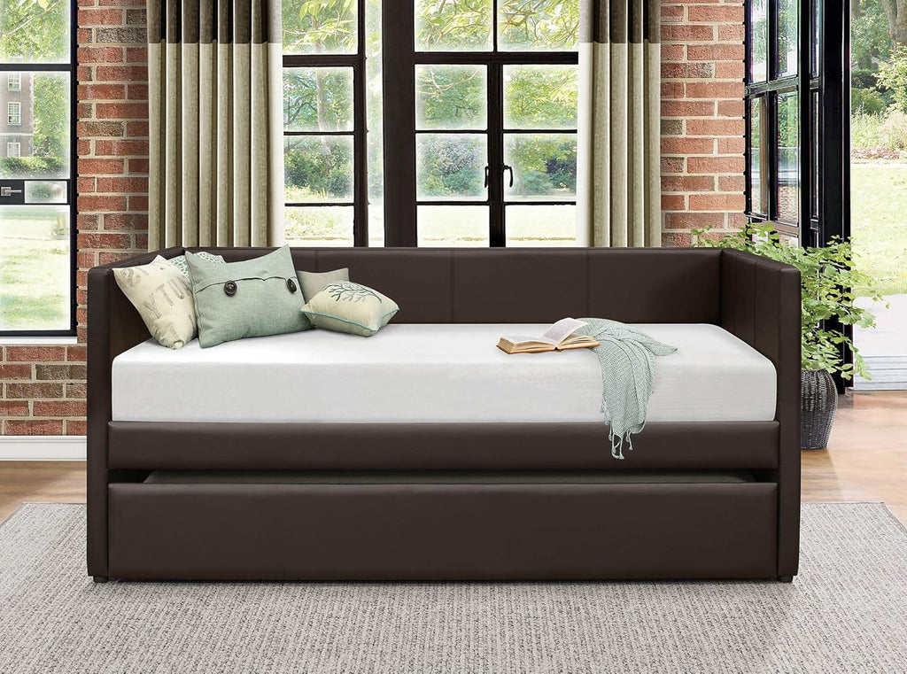 Homelegance Adra PU Leather Upholstered Daybed with Trundle, Twin, Dark Brown