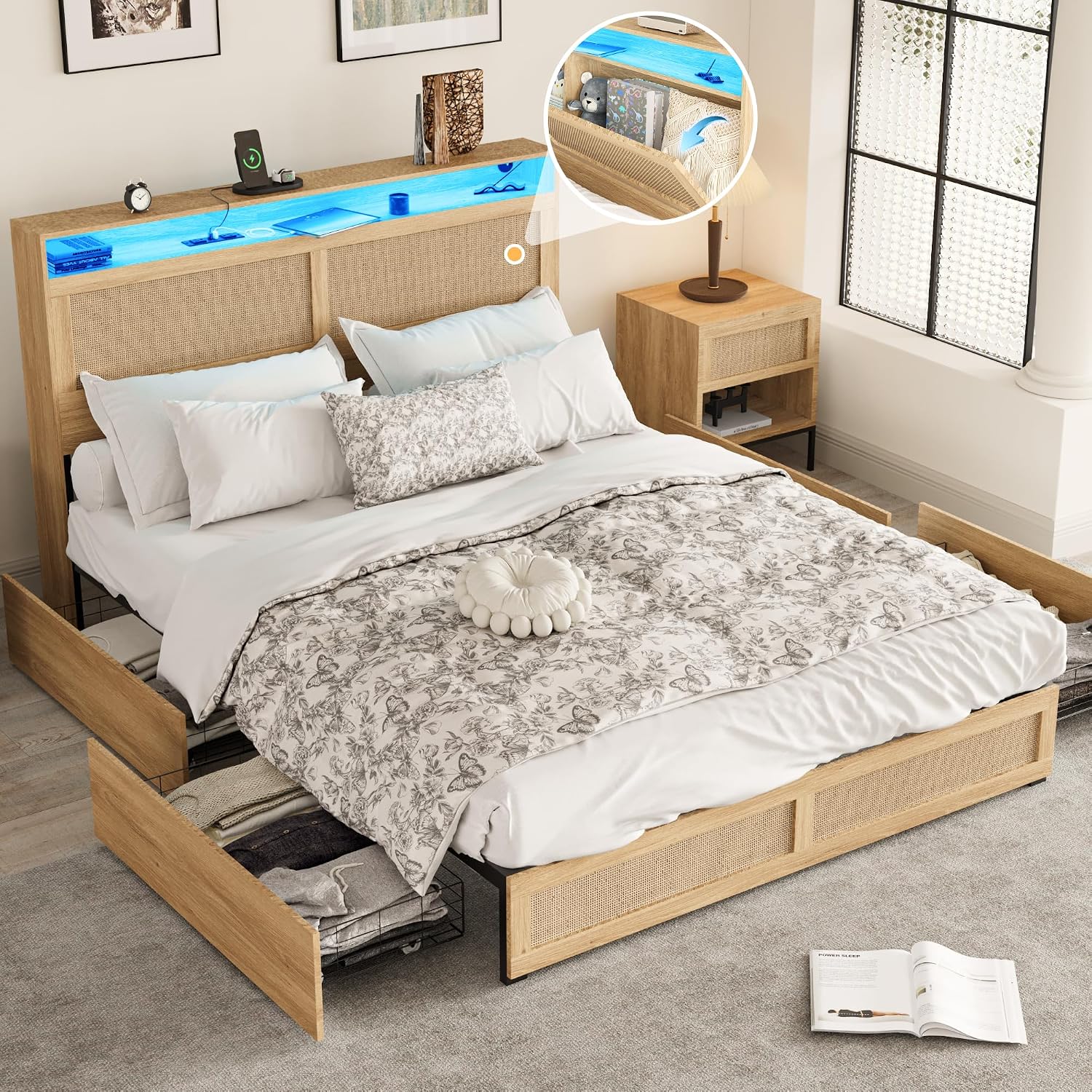 Fameill Full Bed Frame with LED Light and 4 Drawers, Rattan Hidden Storage Headboard, Charging Station, Metal Platform Boho Bed Frame No Box Spring Needed