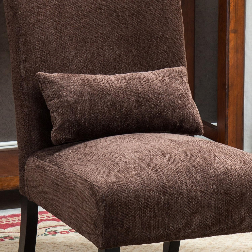 Roundhill Furniture Chocolate Pisano Chenille Fabric Armless Contemporary Accent Chair with Matching Kidney Pillow