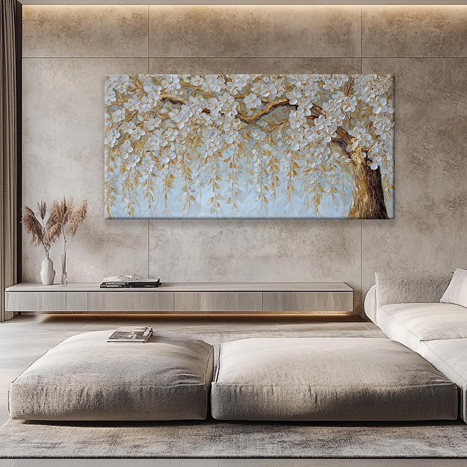 Suconvng Large Wall Art For Living Room Prints Home Wall Decor Modern Canvas Art Wall Decor 39 X 78 Inches Elegant Flower White Wall Art Picture For Bedroom Office Artwork