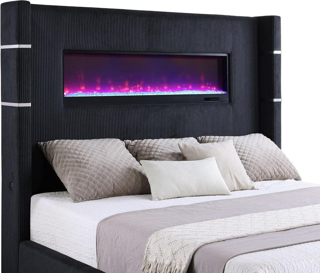Coaster Home Furnishings Tisdall Contemporary Corduroy Upholstered Eastern King Size Flame Visualizer Wingback Bed Frame 67-inch Headboard with USB Charging Outlet Black 306031KE